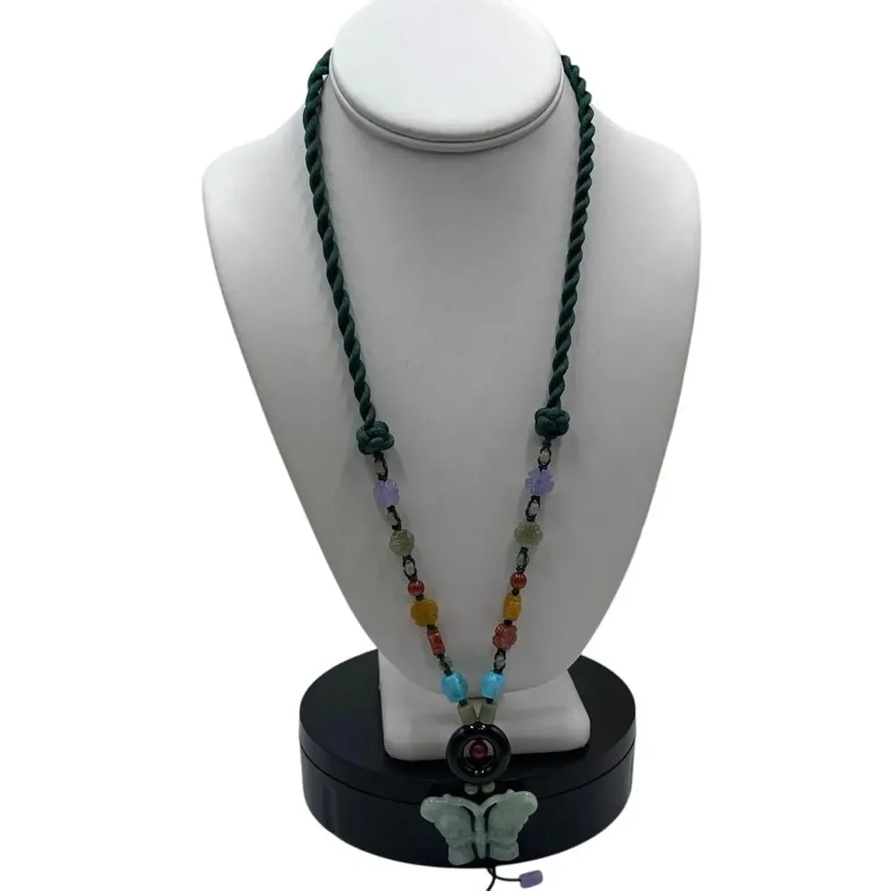 Jadeite Butterfly Carnelian Turquoise Beaded Hand Knotted‎ Green Cord Necklace